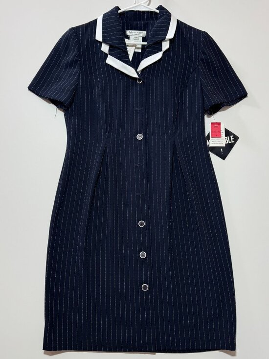 Miss Dorby Dresses & Skirts - Vintage Miss Dorby Navy Pinstripe Button Collared Midi Dress Size 8P